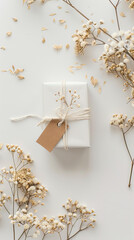 Minimal product mockup holiday flat lay, single gift box and tag, clean white background, soft shadow, copy space Christmas, ecommerce neutral product image gift exchange party holiday shopping