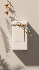 Minimal product mockup holiday flat lay, single gift box and tag, clean white background, soft shadow, copy space Christmas, ecommerce neutral product image gift exchange party holiday shopping