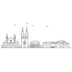 Zagreb skyline outline illustration with cathedral and historical buildings. Minimalist design.