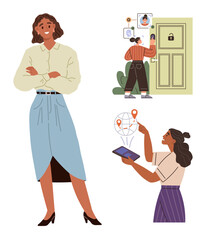 Woman standing confidently, person managing virtual profiles with a secure lock, and user navigating locations via tablet. Ideal for teamwork, leadership, security, technology, networking