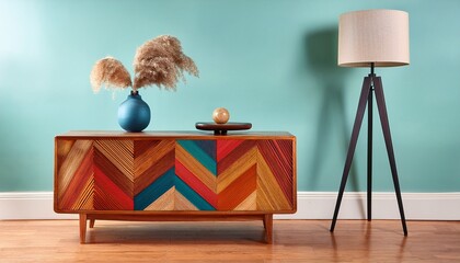 mid century solid wood side table chevron inlay wood panels wood floor lamp colorful multi tone retro furniture