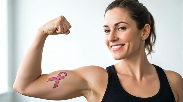 Pink October:Woman flexing arm with pink ribbon illustration on bicep in a studio setting on a white background
