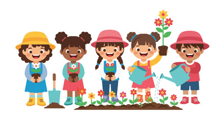Adobe illustrator artwork vector illustration. Cheerful children engage in gardening, planting and watering flowers and plants in a vibrant outdoor scene with a city skyline and mountains, promoting