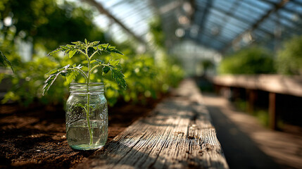 Tomato plant in a jar on a wooden surface in a greenhouse.