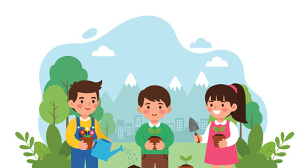 Adobe illustrator artwork vector illustration. Cheerful children engage in gardening, planting and watering flowers and plants in a vibrant outdoor scene with a city skyline and mountains, promoting