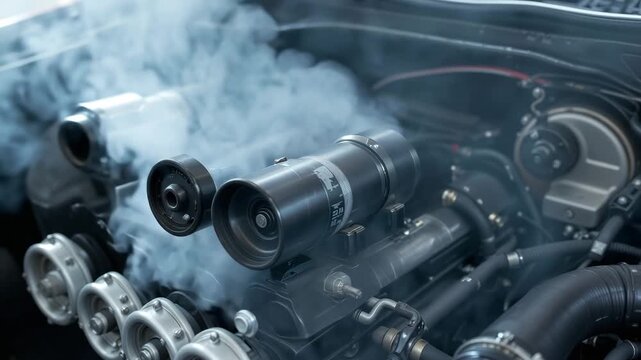 Steaming Engine's Power: A close-up shot of a high-performance engine, exhaling plumes of steam, evokes raw mechanical power and potential.