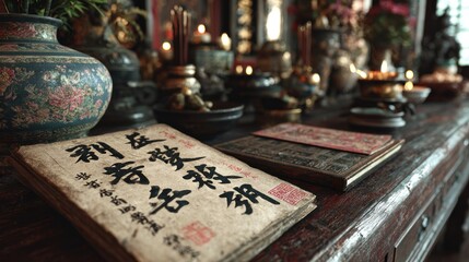 Traditional Chinese culture scene featuring vintage books and incense table