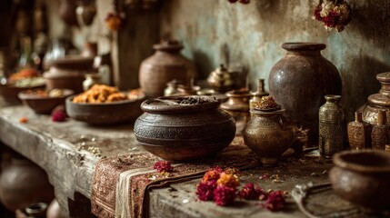 Artisan Pottery and Spices Still Life with Ethnic Textile Accent