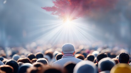 A diverse crowd gazing towards a bright light shining through trees.