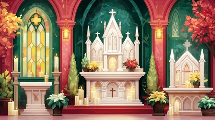 Obraz premium Colorful altar with white decorations and vibrant greenery.