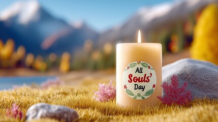A serene candle lit for All Souls' Day in a tranquil autumn landscape.