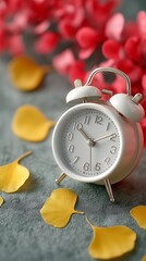 White alarm clock surrounded by yellow petals and pink blossoms.