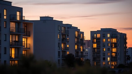 Modern residential buildings at dusk, their clean lines highlighted by warm interior lights.