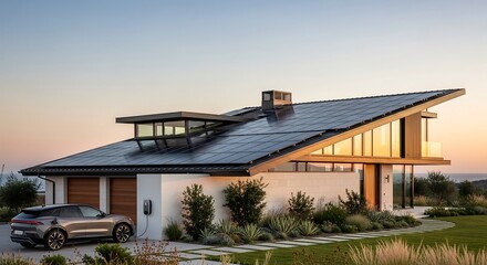 Obraz premium Contemporary villa with solar roof and electric SUV charging, cinematic architectural photography for luxury lifestyle ads