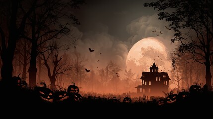 Dark Spooky Halloween backgrounds with haunted houses, pumpkins, and full moon night scenes