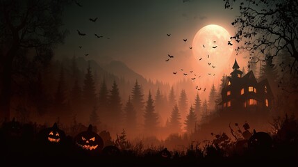 Dark Spooky Halloween backgrounds with haunted houses, pumpkins, and full moon night scenes
