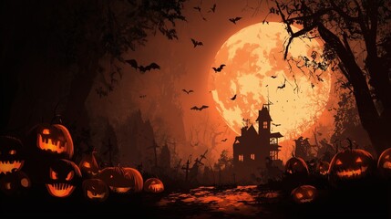 Dark Spooky Halloween backgrounds with haunted houses, pumpkins, and full moon night scenes