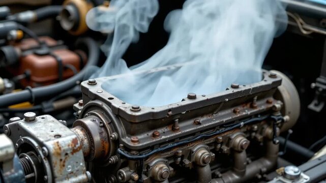 Overheated Engine: Smoke billows dramatically from an open engine compartment, depicting mechanical failure or overheating, inviting viewers to the heart of an automotive crisis. 