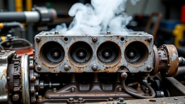 Smoldering Core: An up-close view of a vintage engine block, exuding steam and embodying a raw, mechanical narrative, evokes the spirit of industrial power.