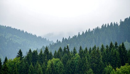 Misty mountain range with dense evergreen forest