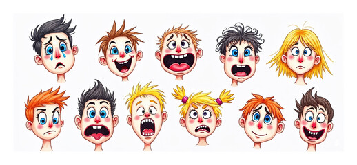 Cartoon faces expressing various emotions in colorful illustration  