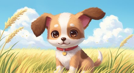 Cute puppy in a field under a blue sky with golden grass