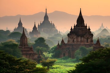 Ancient Pagodas in Mystical Haze at Sunrise