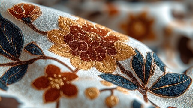 Elegant fabric showcasing intricate floral pattern with autumnal color scheme