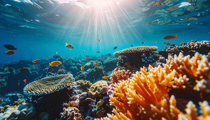 Naklejka premium Underwater Eden: A mesmerizing underwater scene, vibrant coral formations teeming with life, showcasing the breathtaking diversity of the ocean realm. Rays of sunlight filter down.