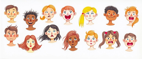 Diverse children's faces showing various emotions in a hand-drawn style  