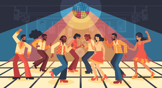 Vibrant illustration of a diverse group of people in 1970s fashion dancing under a colorful disco ball on an illuminated dance floor.