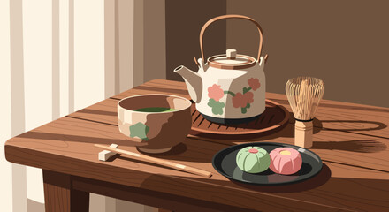 A serene Japanese tea ceremony setup with matcha, wagashi, and a teapot on a wooden table.