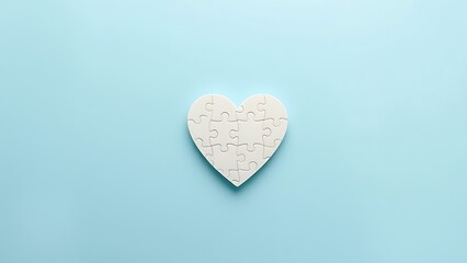 Fototapeta premium Heart-shaped puzzle on a light blue background, symbolizing autism awareness with soft overhead light.