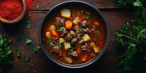 Beef stew bowl, overhead, wooden background, parsley. Recipe food photography