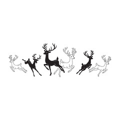 Running deer silhouettes in a row on white background Keywords: deer, reindeer, stag, running