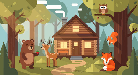 A charming flat illustration of a cozy wooden cabin in a forest, surrounded by friendly woodland animals like a bear, deer, fox, squirrel, and owl.