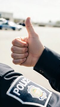 Close-up of a police officer's hand giving a positive thumbs-up gesture, symbolizing approval and success in law enforcement.