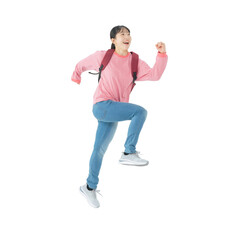 リュックを背負ってジャンプする10代女性　手作業で精密に切り抜いた背景透過全身写真PNG