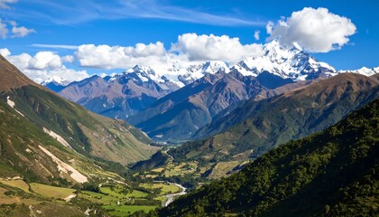 Fototapeta premium Mountain valley panorama under a vibrant blue sky