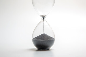 Hourglass filled with black sand highlighting the passage of time in a minimalistic design
