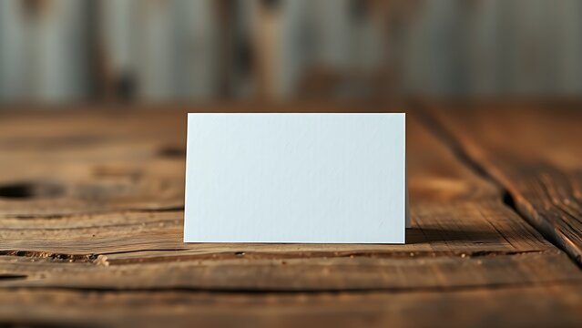 Blank greeting card resting on a rustic wooden surface with warm ambient light.