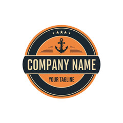 Partial Nautical Company Logo Badge with Anchor, Stars, and Tagline in , Dark Blue, and Cream on White Background, Flat Vector Elements, Vector Illustration, Simple Vector, Stylized Vector Drawing,