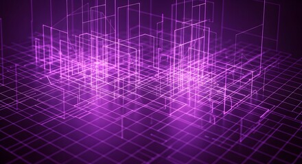 Abstract digital cityscape design with glowing purple lines, technology background aesthetic