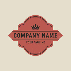 Distressed Company Logo Template with Crown Icon and Red Ornate Badge on Beige Background, Flat Vector Elements, Vector Illustration, Simple Vector, Stylized Vector Drawing, Vector Template, Clean