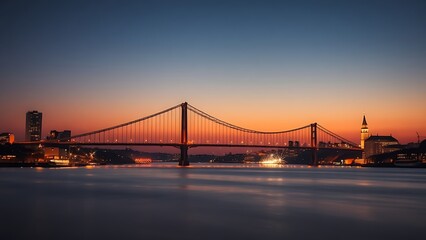 Fototapeta premium Silhouetted suspension bridge at dusk with city lights
