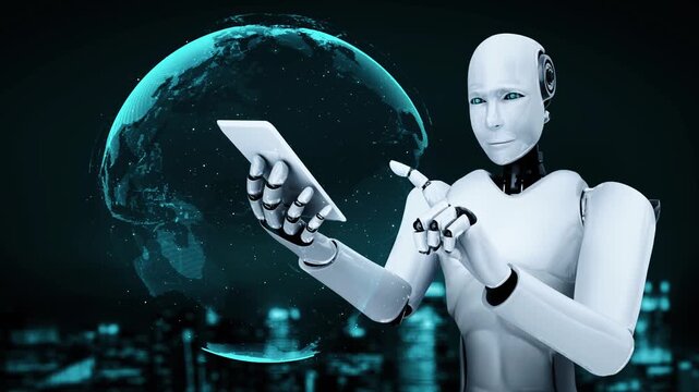 Futuristic robot artificial intelligence huminoid AI programming coding technology development and machine learning concept. Robotic bionic science research for future of human life. 3D rendering.