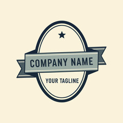 Obraz premium Company Logo Emblem with Ribbon Banner and Star Icon. Classic Brand Identity Template with Customizable Text 'Company Name' and 'Your Tagline' on a Light Beige Background., Flat Vector Elements,