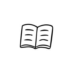 Open book sketch with simple lines and three text blocks