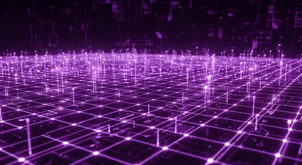 Abstract Purple Grid with Connecting Lines and Glowing Pillars, Modern Digital Visualization