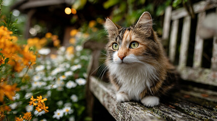 A calico cat sitting on a wooden bench in a flower garden.